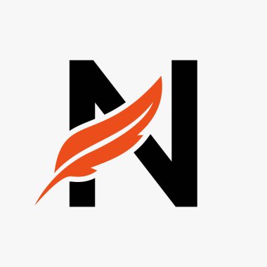 Feather Logo On Letter N Vector Template. Law Logo Bird Feather Symbol
