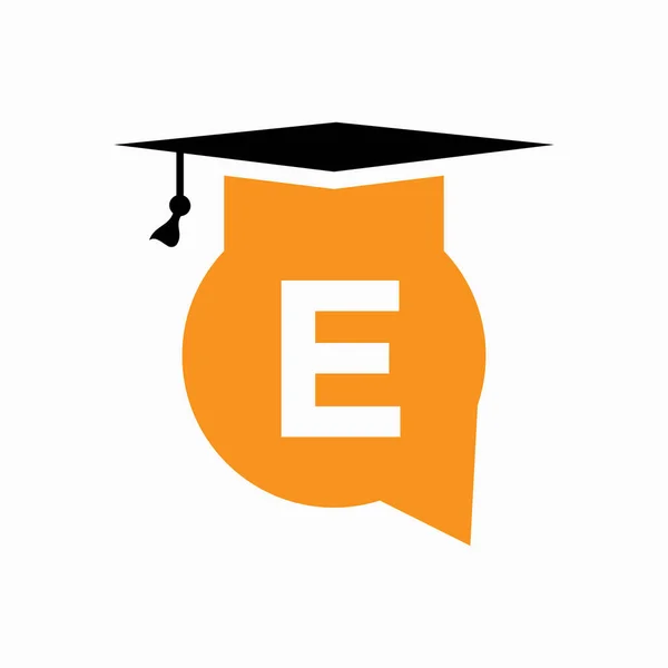 教育の帽子とチャットアイコンと手紙のEコンセプトの教育のロゴデザイン — ストックベクタ