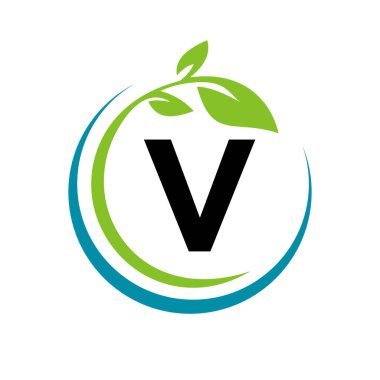 V Harfi Vektör Şablonunda Eko Yaprak Logosu