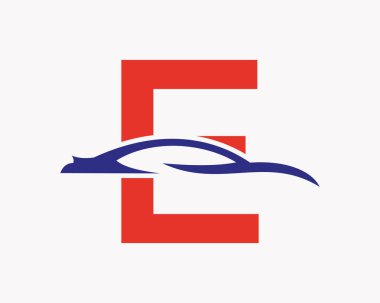 E harfi üzerindeki araba logosu, araba ve alfabe kombinasyonu