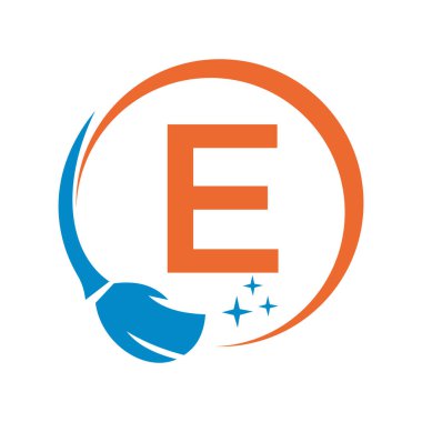 E harfi üzerinde ev temizleme logosu ve temiz fırça ve su sembolü. Hizmetçi İmzası