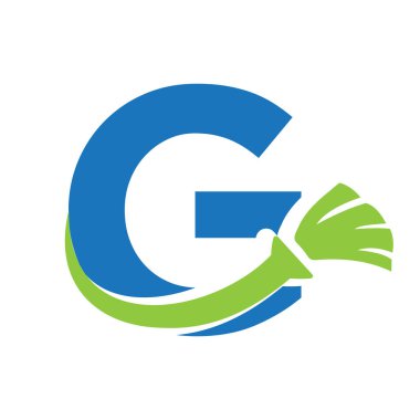 Temiz Fırça Sembollü G Evi Logosu. Hizmetçi ve Süpürge Simgesi