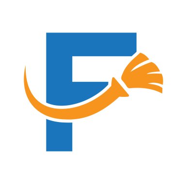 F harfi, Temiz Fırça Sembollü Temiz Logo. Hizmetçi ve Süpürge Simgesi
