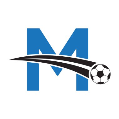 Hareket eden futbol sembolüyle M harfi üzerinde futbol logosu. Futbol İşareti