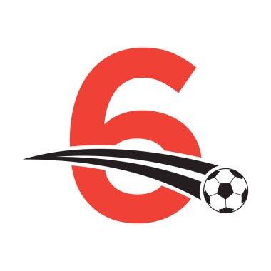 Futbol logosu, hareket eden futbol sembolüyle 6. Mektup üzerinde. Futbol İşareti