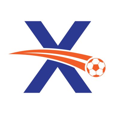 Hareket eden futbol sembolüyle X harfi üzerinde futbol logosu. Futbol İşareti