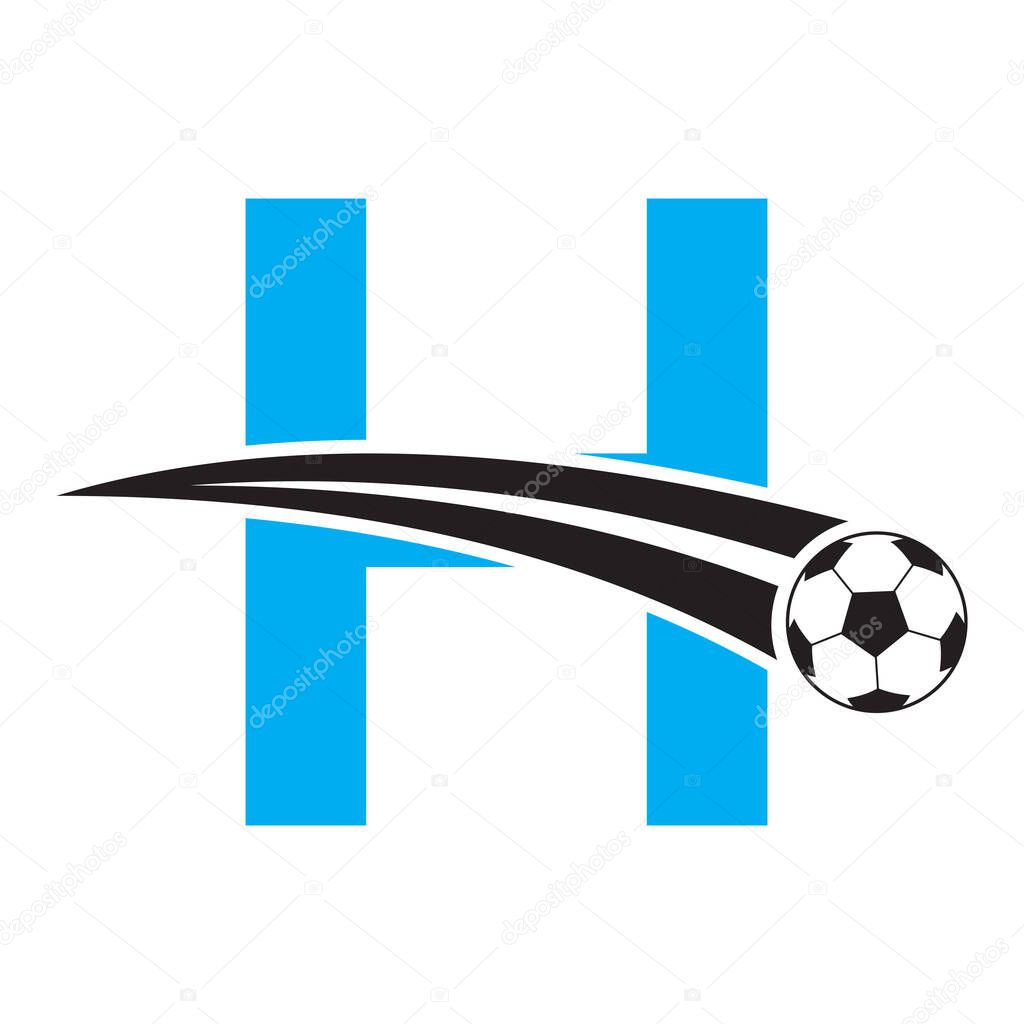 Football Logo On Letter H Concept With Moving Football Symbol. Soccer Sign