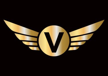 V harfi ulaşım logosu tasarımı. Yük İşareti Kanat Sembolü