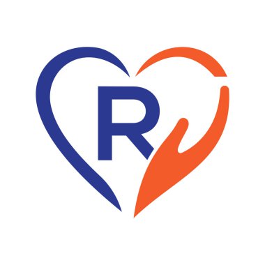 Harf R Charity Logo Tasarımı El ve Kalp Sembol Vektörü İşareti