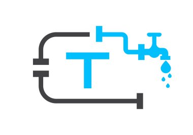 T Harfi Tesisatçı Logosu Tasarım Şablonu Boru ve Su Sembolü Konsepti