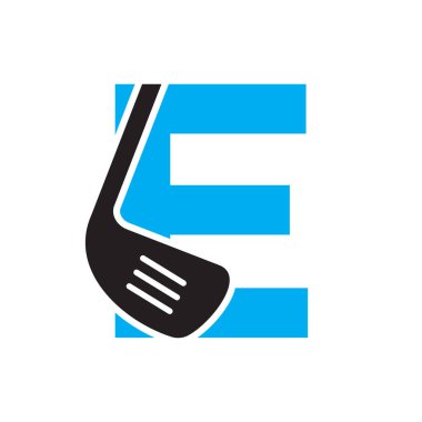 E harfi Hokey Logosu. Hokey sopası sembollü saha hokeyi logosu kavramı