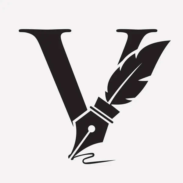 V harfi üzerindeki ilk tüy logosu. Hukuk firması ve avukat imzası için mürekkep sembolü.