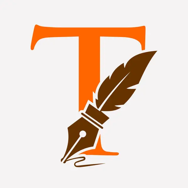 Hukuk firması ve avukat imzası için mürekkep sembolü içeren T harfi üzerinde ilk tüy logosu