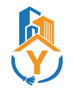 Temizlik Fırçası ve Bina Sembolü ile Y Endüstriyel Temizlik Logosu. Süpürge İşareti