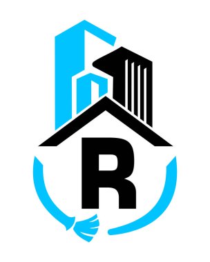 İlk harf R Endüstriyel Temizlik Logosu Temizlik Fırçası ve Bina Sembolü. Süpürge İşareti