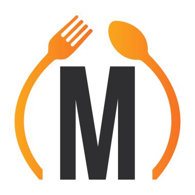 İlk harf M Restoran Logo Tasarımı Kaşık ve Çatal Sembol Vektör Şablonu