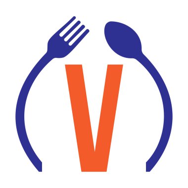 İlk Harf V Restoran Logo Tasarımı Kaşık ve Çatal Sembol Vektör Şablonu
