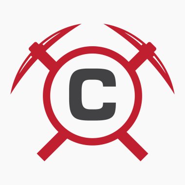 İlk harf C Madencilik Lombine Kazma Sembol Vektörü Şablonu