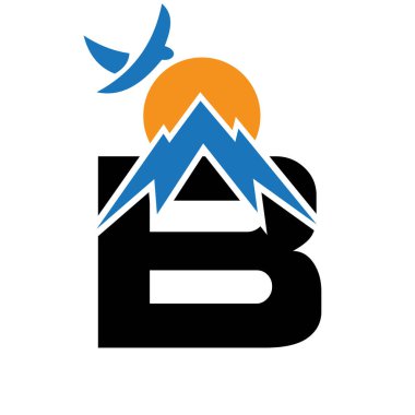 Baş Monogram Harf B Tatil Logosu Mount, Sun ve Bird Sembolü ile. Seyahat Logotype