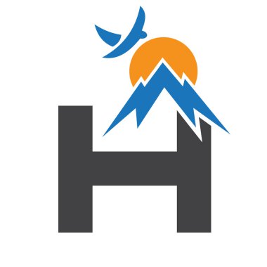 Baş Monogram H Tatil Logosu, Mount, Sun ve Bird Sembolü. Seyahat Logotype