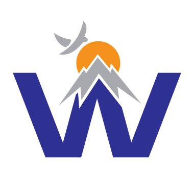 İlk Monogram Harfi W Tatil Logosu Mount, Sun and Bird Sembolü. Seyahat Logotype