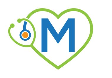 İlk harf M Tıbbi Logo Kalp ve Stetoskop Sağlık ve Sağlık İşareti Sembolü