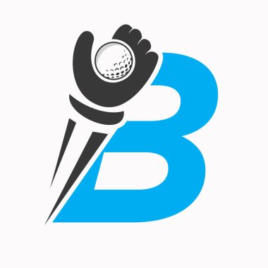 B harfi üzerindeki ilk golf logosu. El ve Golf Topu Sembol Vektörü ve Şablonu ile kavramsal.