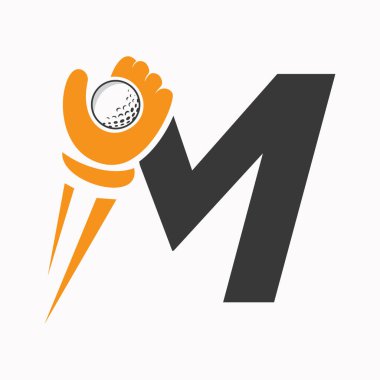 M harfi üzerindeki ilk golf logosu. El ve Golf Topu Sembol Vektörü ve Şablonu.