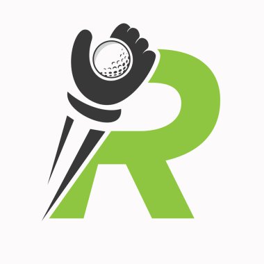 El ve Golf Topu Sembol Vektörü ve Şablonu ile R harfi üzerindeki ilk golf logosu