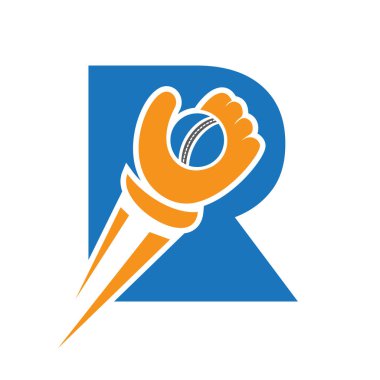 R harfi üzerindeki kriket logosu hız işareti, el ve kriket topu sembol vektörü ve şablonu.