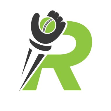 R harfi üzerindeki kriket logosu hız işareti, el ve kriket topu sembol vektörü ve şablonu.