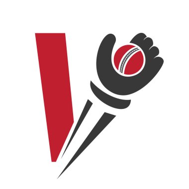 V harfi üzerindeki kriket logosu hız işareti, el ve kriket topu sembol vektörü ve şablonu.