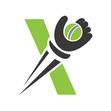 Kriket logosu X harfi üzerinde Hız İşareti, El ve Kriket Topu Sembol Vektörü ve Şablonu