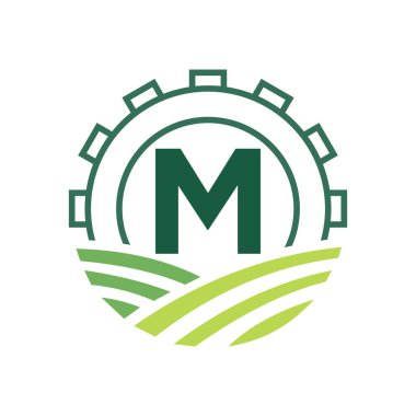 M harfi üzerinde tarım logosu. Tarım Logosu Sembol Vektörü ve Şablonu.