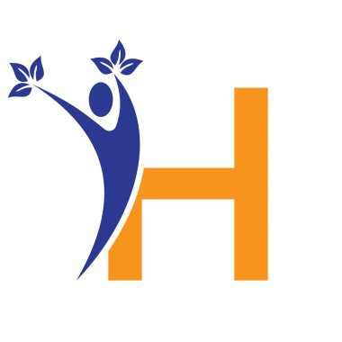 H harfi Sağlık Logosu İnsan ve Yaprak Sembolü Biyoloji İşareti