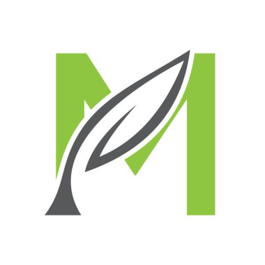 Baş harf M Yaprak Logosu Tasarımı. Ekoloji Sembol Vektör Şablonu