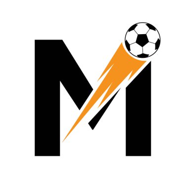 M Harfi Futbol Logosu Hız Sembolü Tasarımı. Akademi ve Kulüp İşareti İçin Futbol Logosu