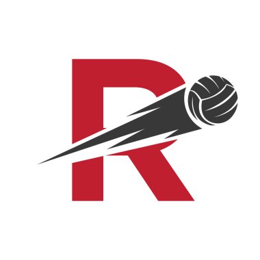 Baş harf R Voleybol Logosu Hız Sembolü Tasarımı. Akademi ve Kulüp İşareti için Voleybol Logosu
