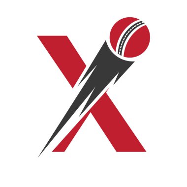 Hız Sembollü X Kriket Spor Logosu Tasarımı. Akademi ve Kulüp İşareti için Kriket Topu Logosu