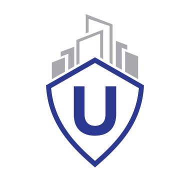 Yapı ve Kalkan Sembol Vektörü Şablonuyla Harf U Konseptinde Emlak Logosu