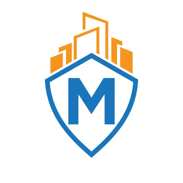 M harfi üzerindeki emlak logosu İnşa ve Kalkan Sembol Vektörü Şablonu Konsepti