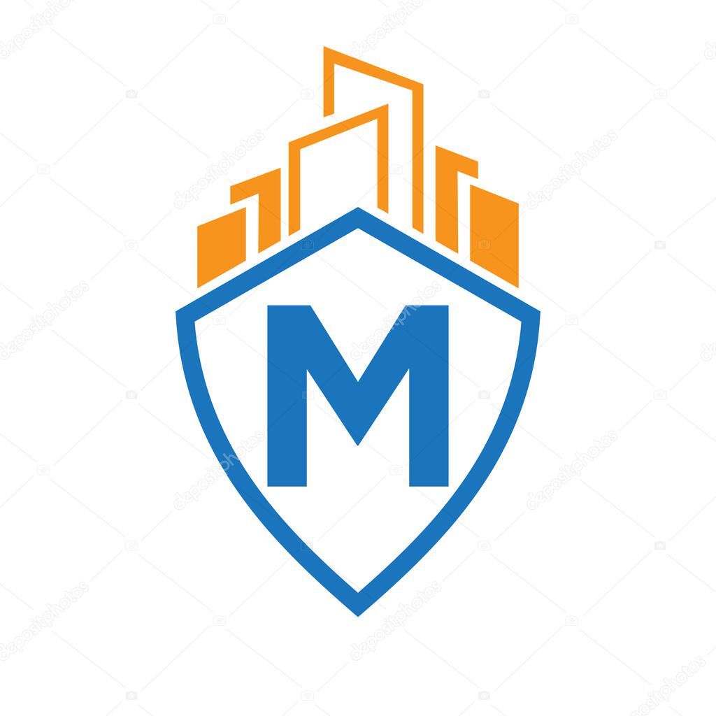 Real Estate Logo On Letter M Concept With Building and Shield Symbol Vector Template