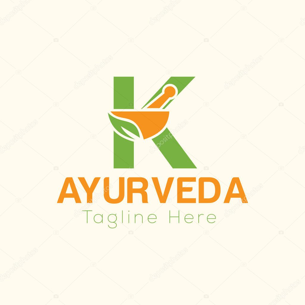 Initial Letter K Ayurveda Eco Logo Design, Pharmacy Concept Vector Template