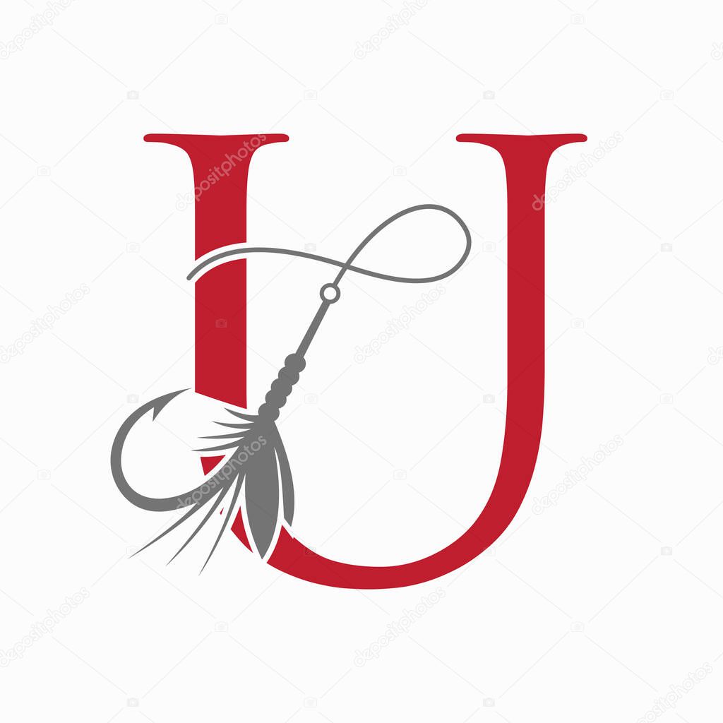 Fishing Logo On Letter U Concept With Fishing Hook And Fishing Lure Symbol