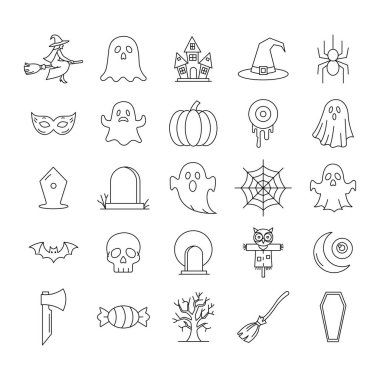 Cadılar Bayramı ikonu seti örümcekleri yarasalar örümcek ağları ve diğer sembol çizgileri sanat şablonu