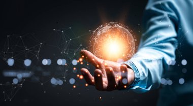woman Hand holding Light bulb Global Internet connection. Business global internet connection application technology and digital marketing, Financial and banking, Digital link tech, big data.