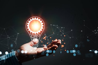 woman Hand holding Light bulb Global Internet connection. Business global internet connection application technology and digital marketing, Financial and banking, Digital link tech, big data.