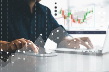 Stock business finance technology and investment concept. Stock Market Investments Funds and Digital Assets. Businesswoman analysing forex trading graph financial data. Business finance background.