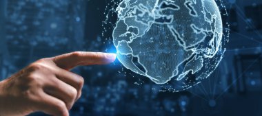 Big data analytics and business intelligence concept. Business person holding Global network connection. World map point and line composition of global business. Digital link tech. modern strategy.