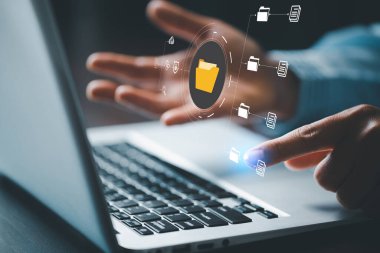 Online documentation database and process automation to efficiently manage files, IT staff working with Document Management System (DMS), Corporate business technology. Cognition on modern management.